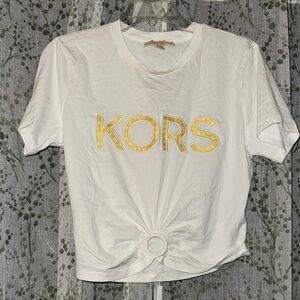 Michael Kors White Tee with Yellow Logo and Ring Detail